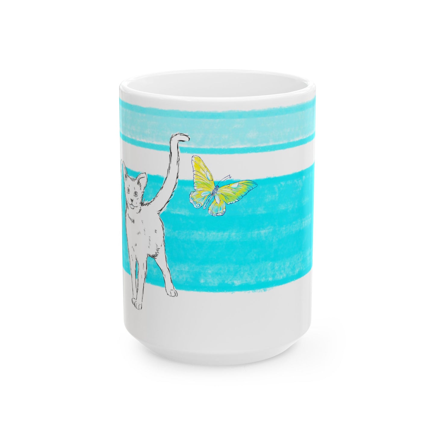 Mega Stripe Kitty Butterfly Flutter Ceramic Mug Aqua