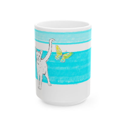 Mega Stripe Kitty Butterfly Flutter Ceramic Mug Aqua
