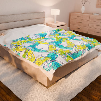Butterfly Swing Velveteen Plush Blanket, Aqua and Yellow. 50"x 60", 60"x80"
