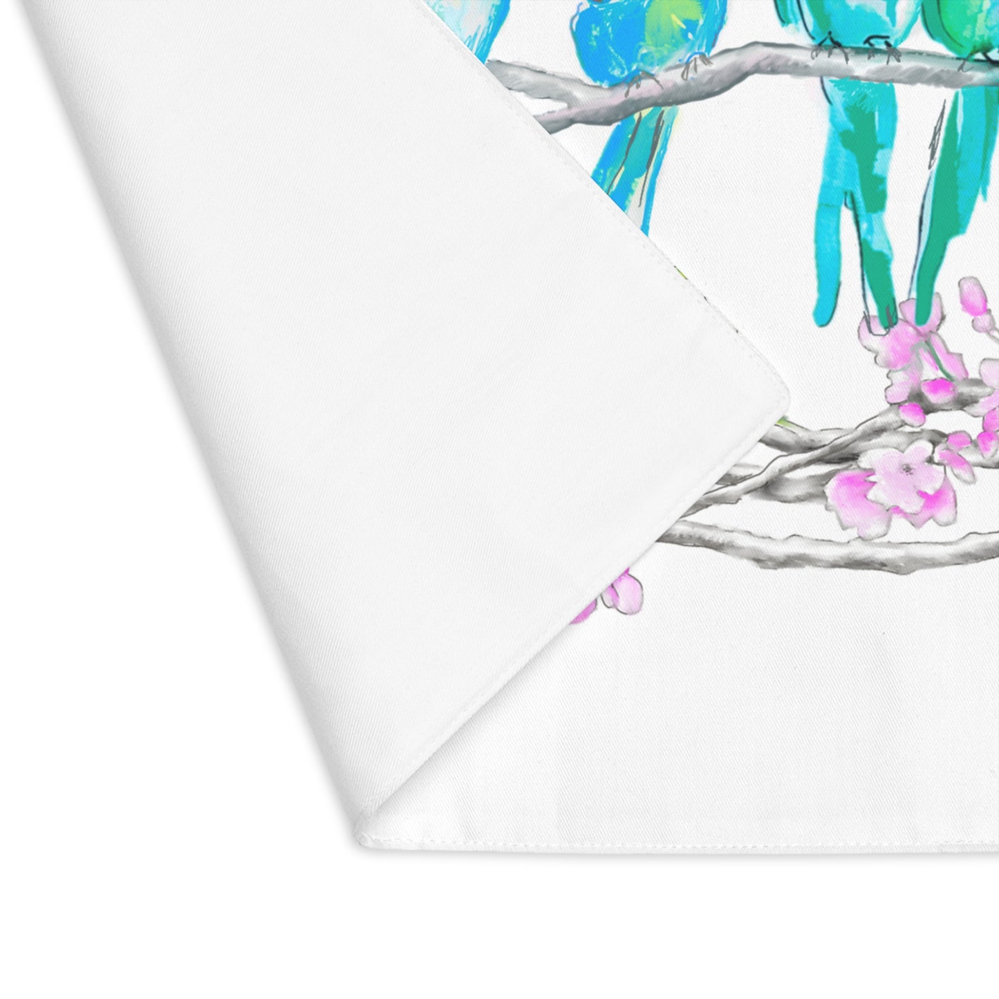 Blossoms & Birds In Pink & Blue Placemat, 1pc (18" × 14"), Cotton, Creamy White Background. #3 Right Side of Table