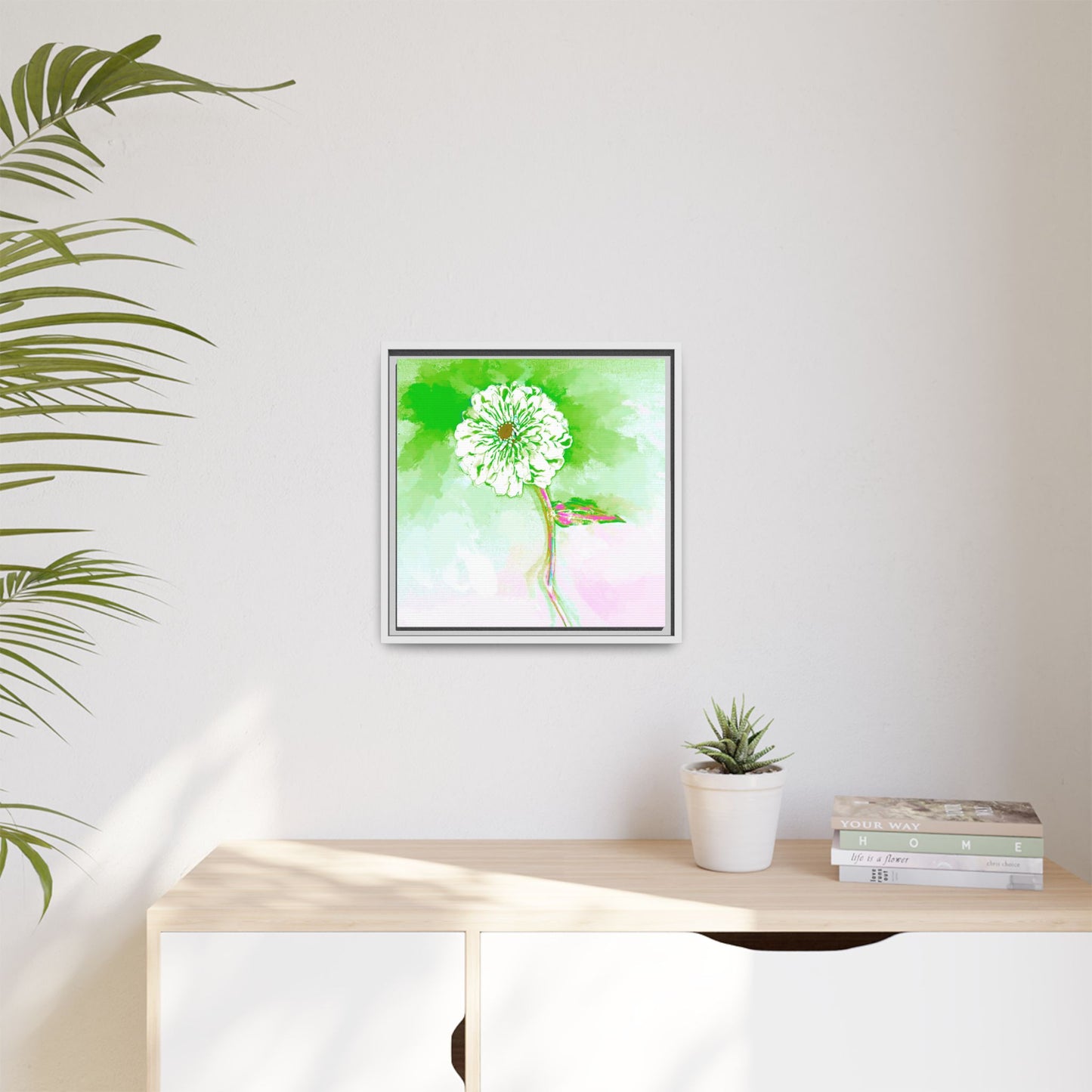Zinnia Color Splash Matte Canvas Grass Green Framed