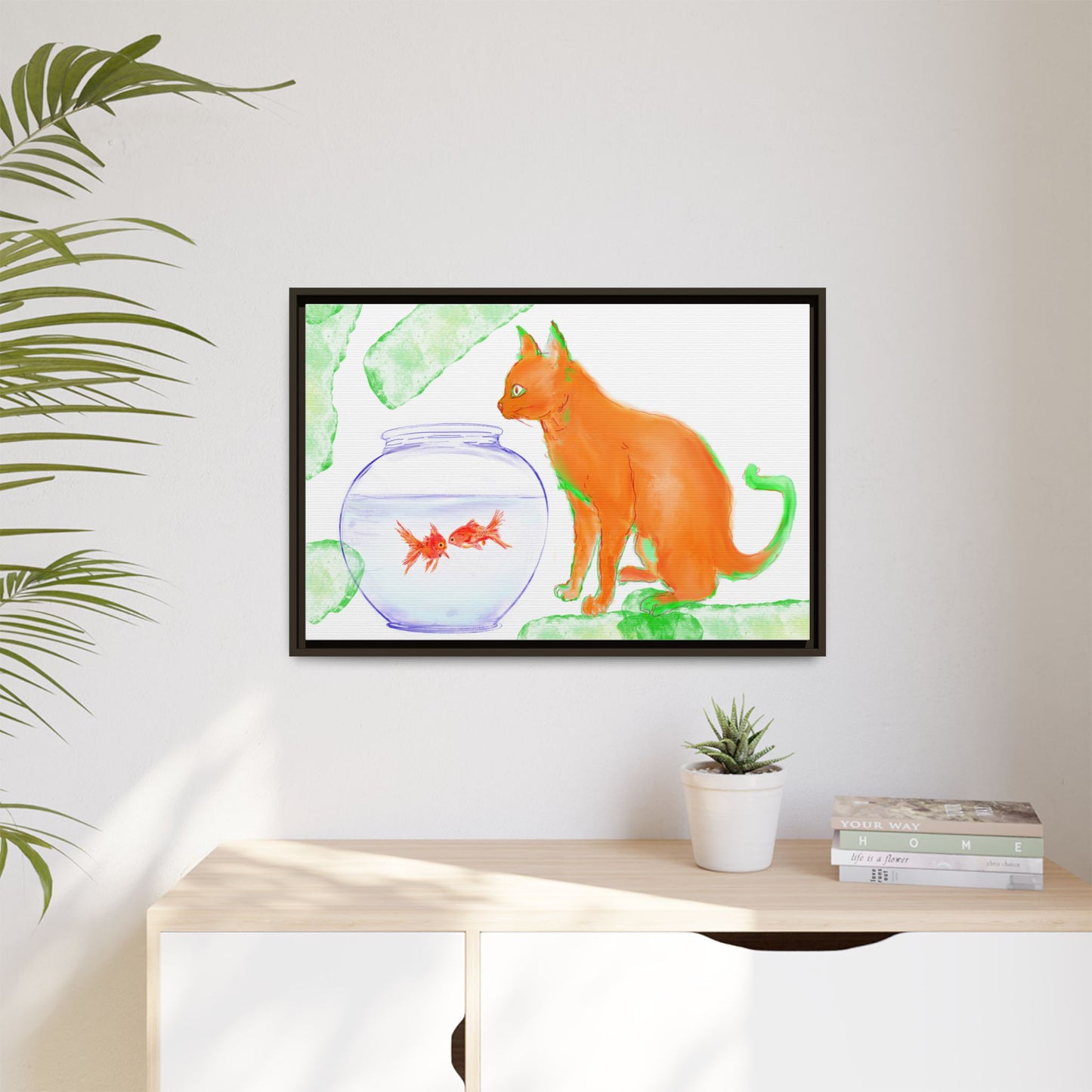 Colorful Cat and Fish Bowl Matte Canvas Framed white