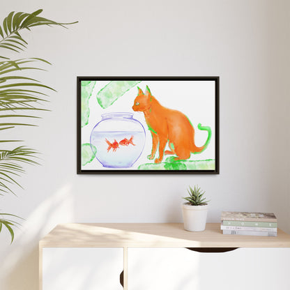 Colorful Cat and Fish Bowl Matte Canvas Framed white