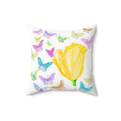 Dancing Tulips Butterflies Spun Polyester Square Pillow. Multi-Color Butterflies, Yellow Tulip