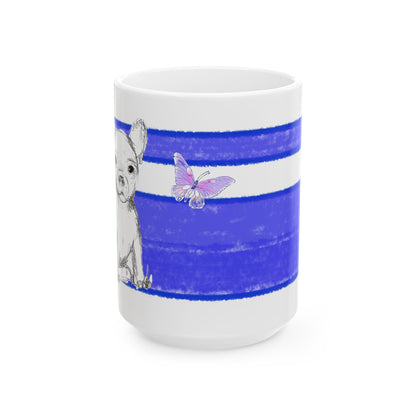Mega Stripe Dogi Butterfly Flutter Ceramic Mug, (11oz, 15oz), Ultramarine Chihuahua