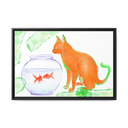 Colorful Cat and Fish Bowl Matte Canvas Framed white