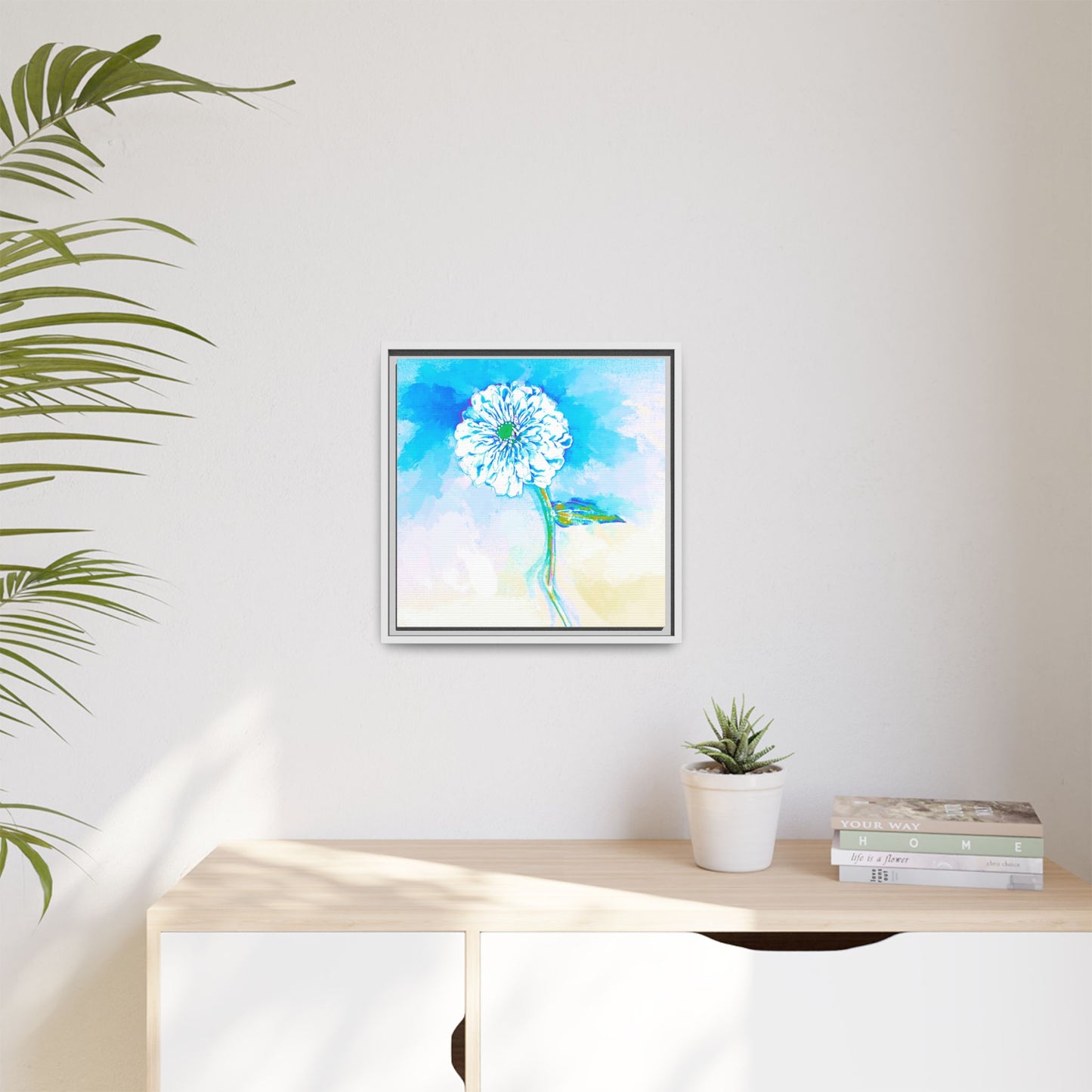 Zinnia Color Splash Matte Canvas Blue Aqua Framed