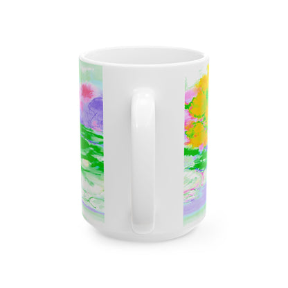 Inspirational Landscapes Ceramic Mug in Yellow, Orange and Purple, "God appoints my work and limits my time",  11oz, 15oz.