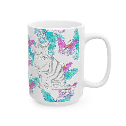 Kitty Flutter Ceramic Mug, Pink/Aqua, (11oz, 15oz)