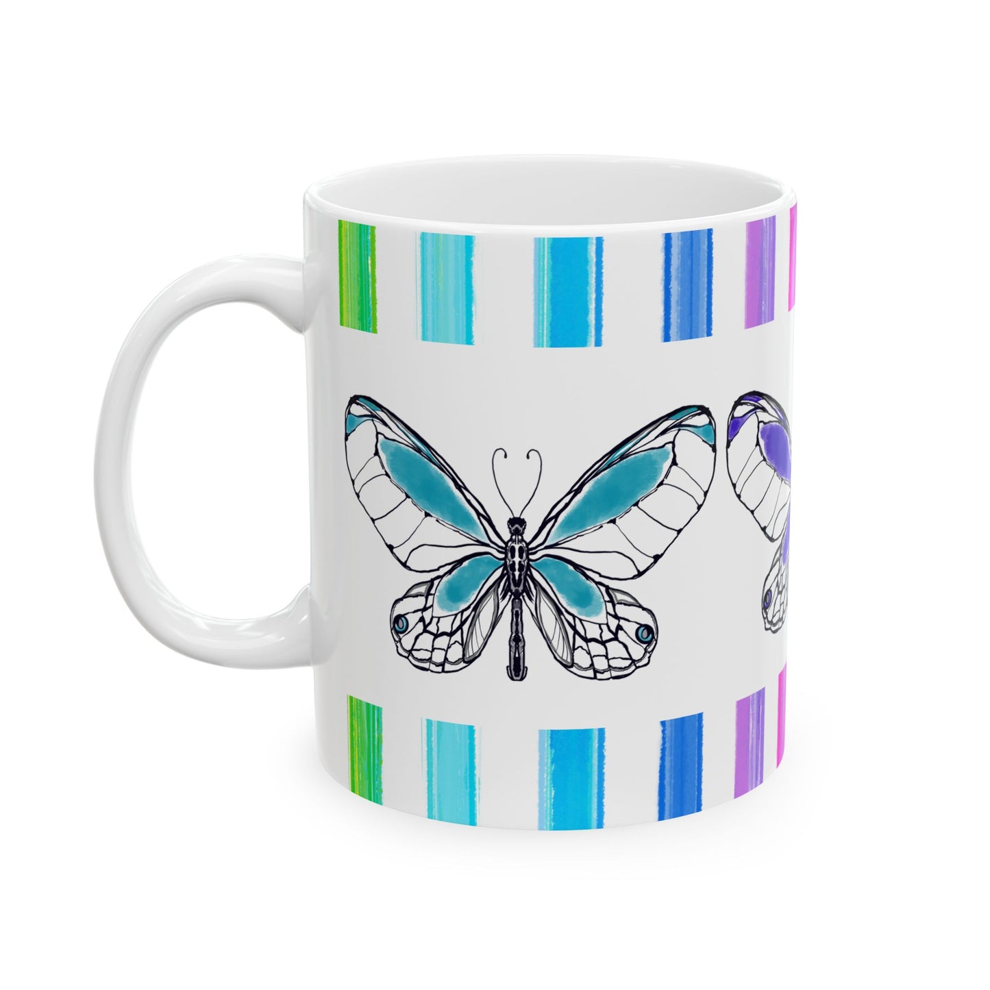 Butterfly Rainbow Stripe Ceramic Mug in Aqua, Purple and Green with Multi-color Striped Border, (Available in 2 sizes 11oz and 15oz)