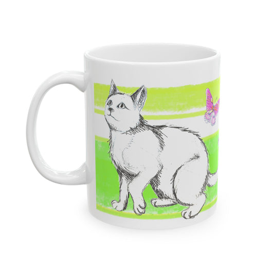 Mega Stripe Kitty Butterfly Flutter Ceramic Mug Yellow Green