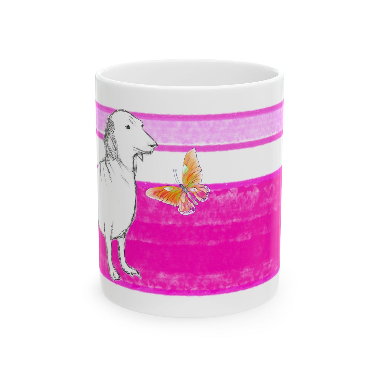 Mega Stripe Dogi Butterfly Flutter Ceramic Mug, (11oz, 15oz),  Raspberry Pink Dachshund
