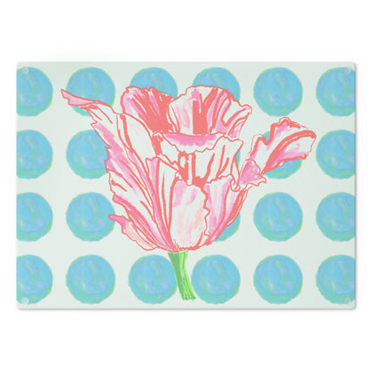 Dancing Tulips Cutting Board, Aqua Polka Dots