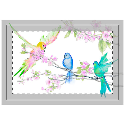 Blossoms & Birds in Pink, Blue, Green ,Poly Quilted Placemat, Background Bright White, # 2, Right Side of Table