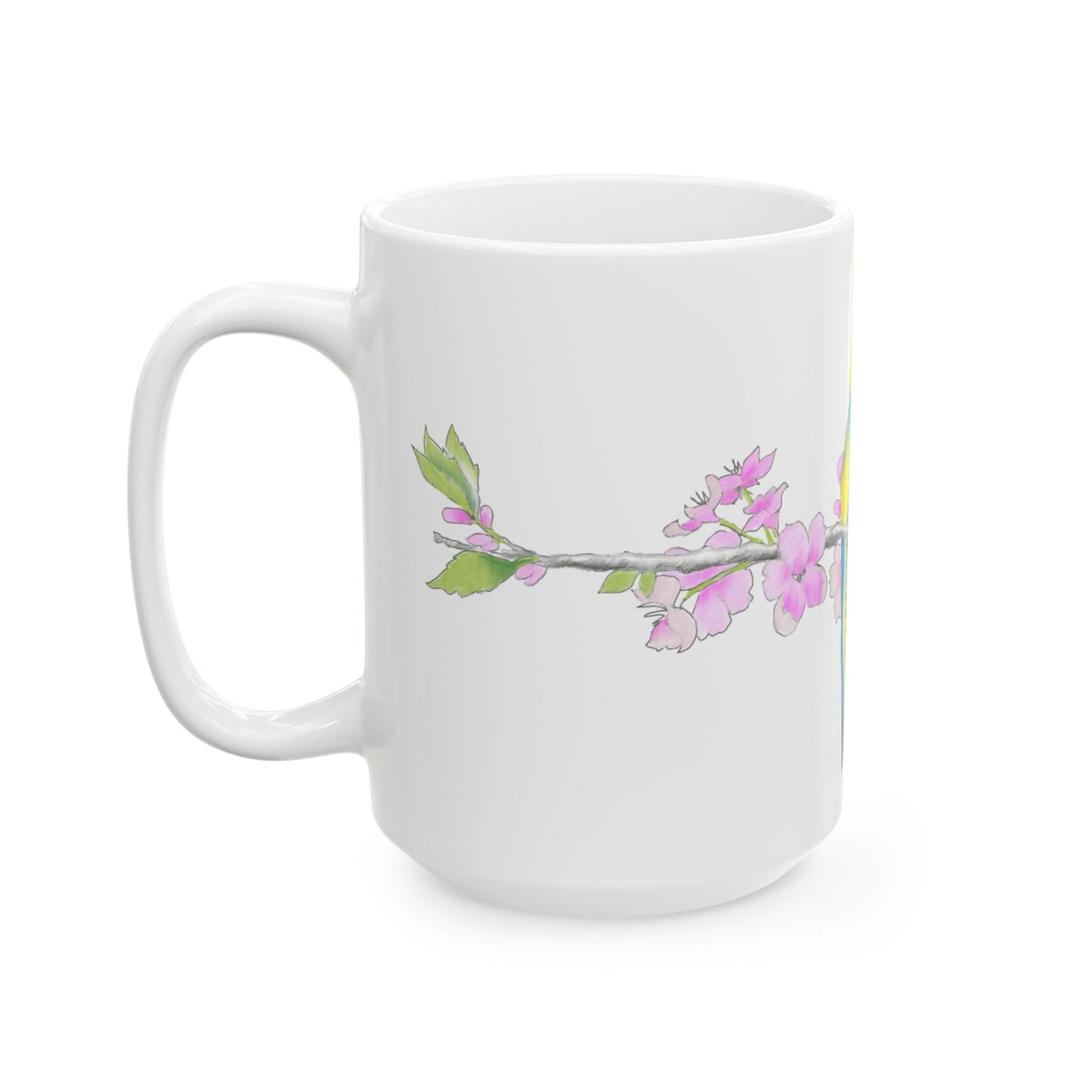Jolly Birds Ceramic Mug, (11oz, 15oz), Yellow and Aqua