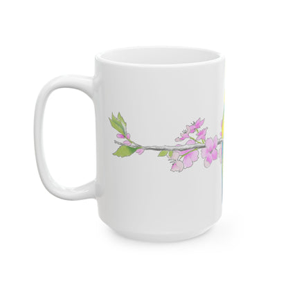 Jolly Birds Ceramic Mug, (11oz, 15oz), Yellow and Aqua