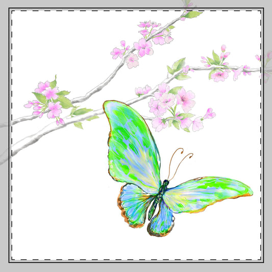 Butterfly Blossom Glide Cotton Twill Napkin in Green and Blue , Creamier White, #6