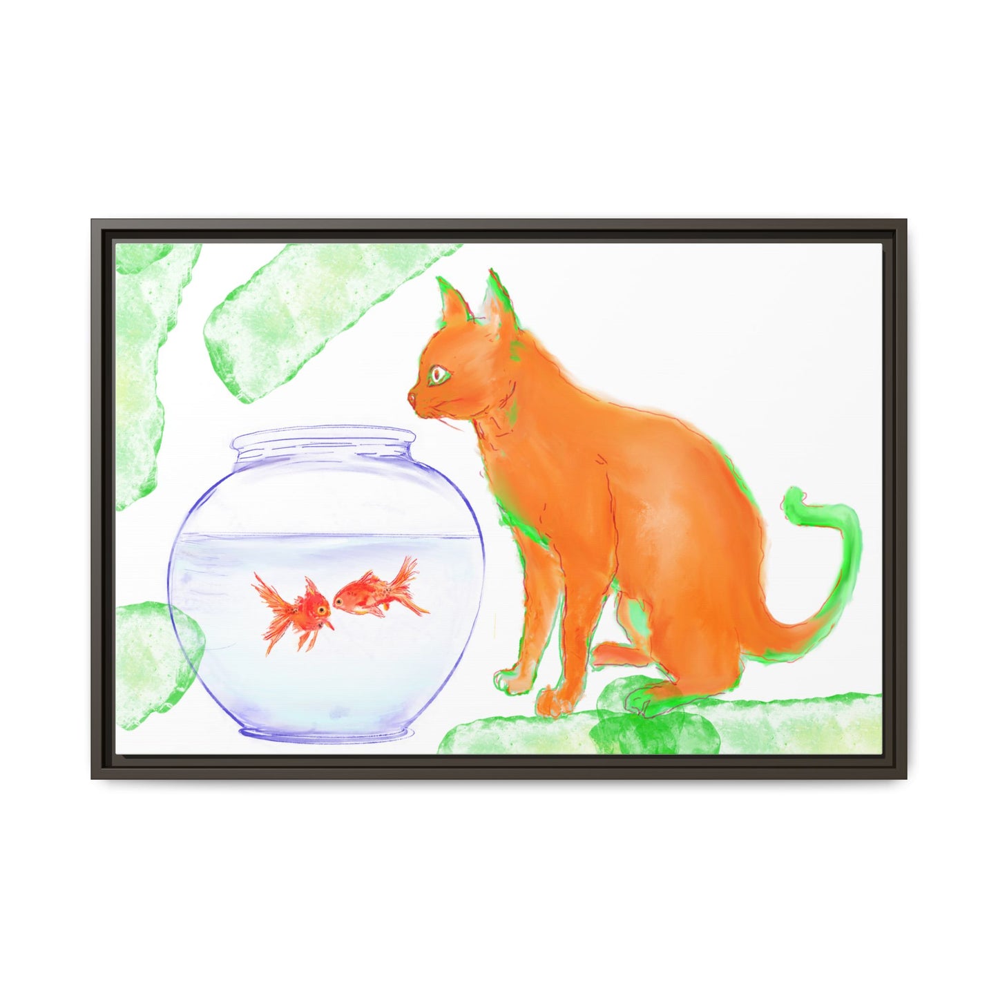 Colorful Cat and Fish Bowl Matte Canvas Framed white
