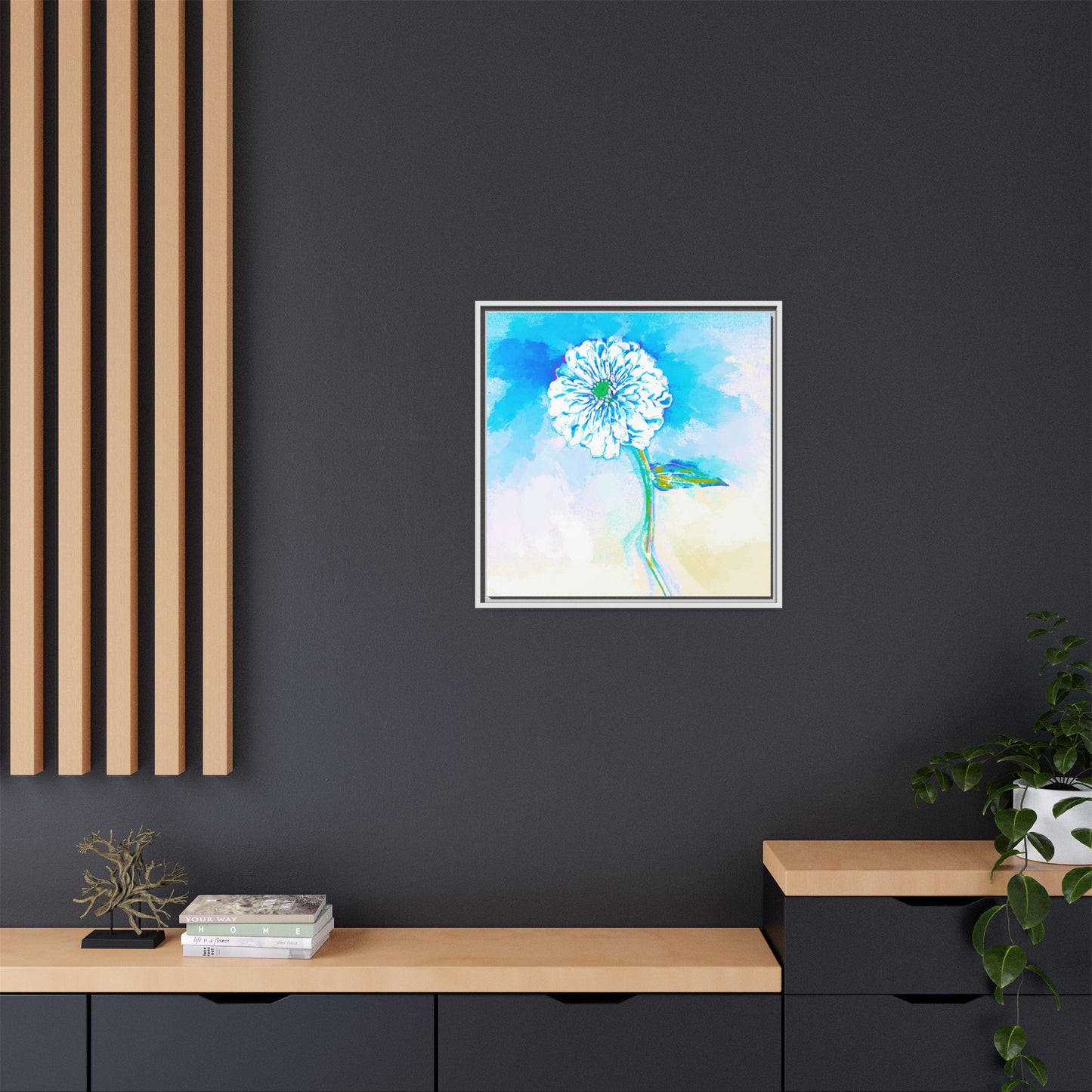 Zinnia Color Splash Matte Canvas Blue Aqua Framed