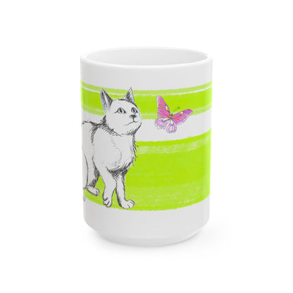 Mega Stripe Kitty Butterfly Flutter Ceramic Mug Lime