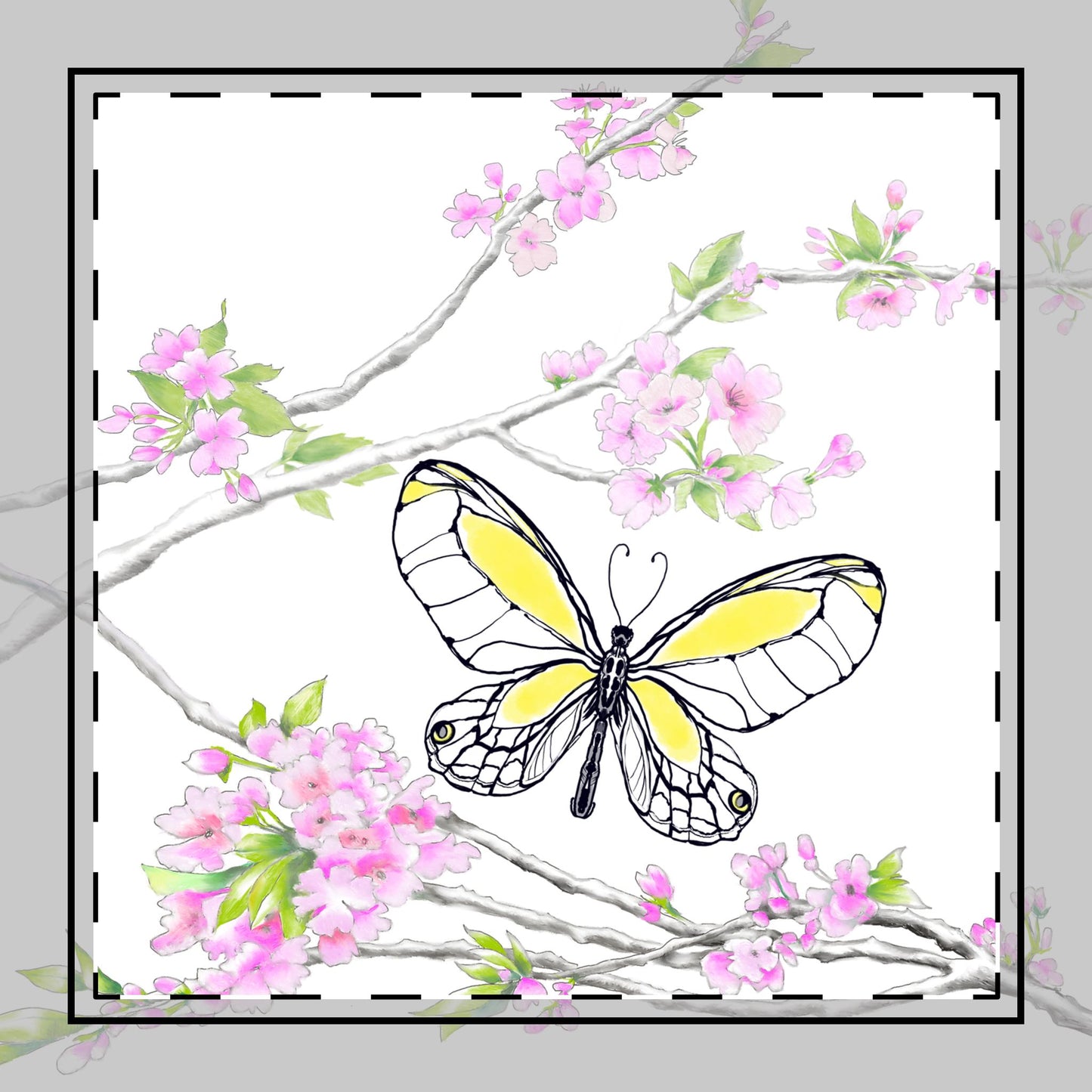 Butterfly Blossom Romp Poly Twill Napkin in Yellow #10 Fabric background Bright White