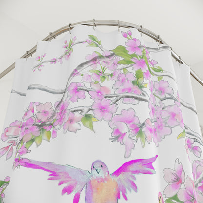 Pilgrim Cherry Chirp Shower Curtains, Water-color Cherry Blossoms With Birds Fluttering in the Branches, Post Tenebras Lux
