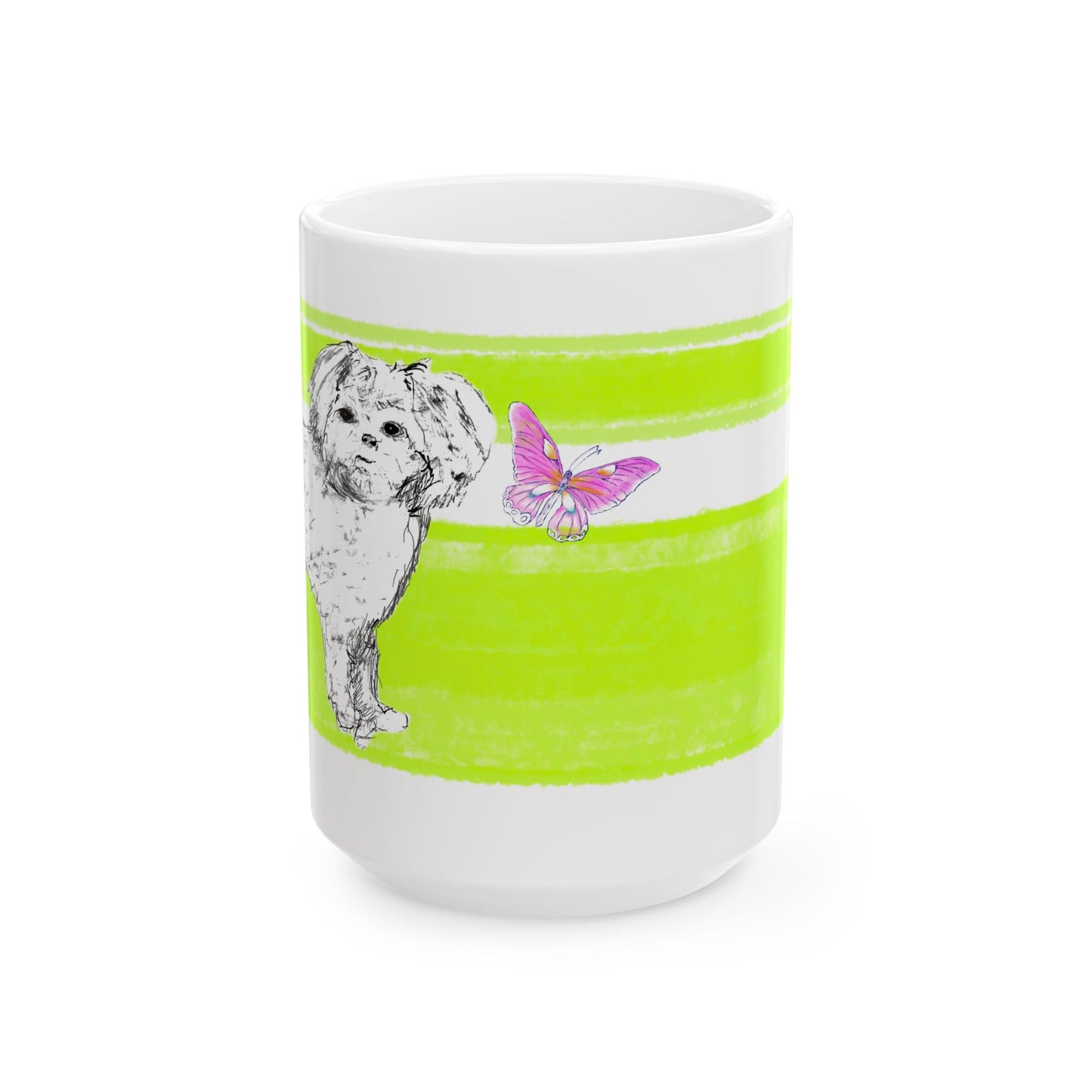 Mega Stripe Dogi Butterfly Flutter Ceramic Mug, (11oz, 15oz), Lime Shih Tzu