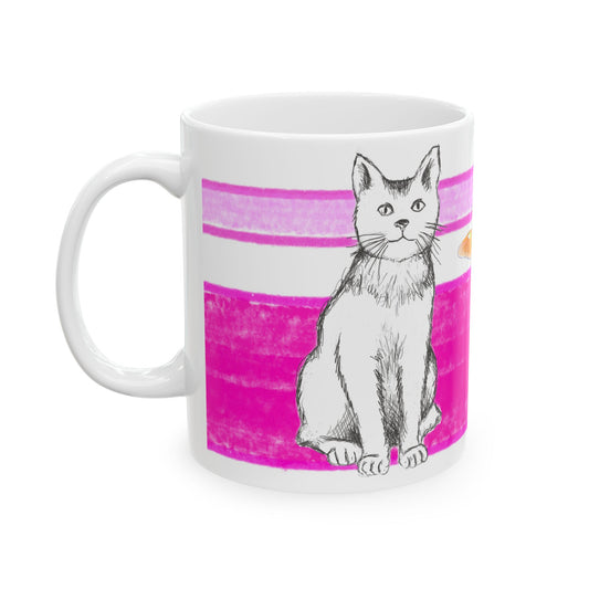 Mega Stripe Kitty Butterfly Flutter Ceramic Mug Raspberry Pink