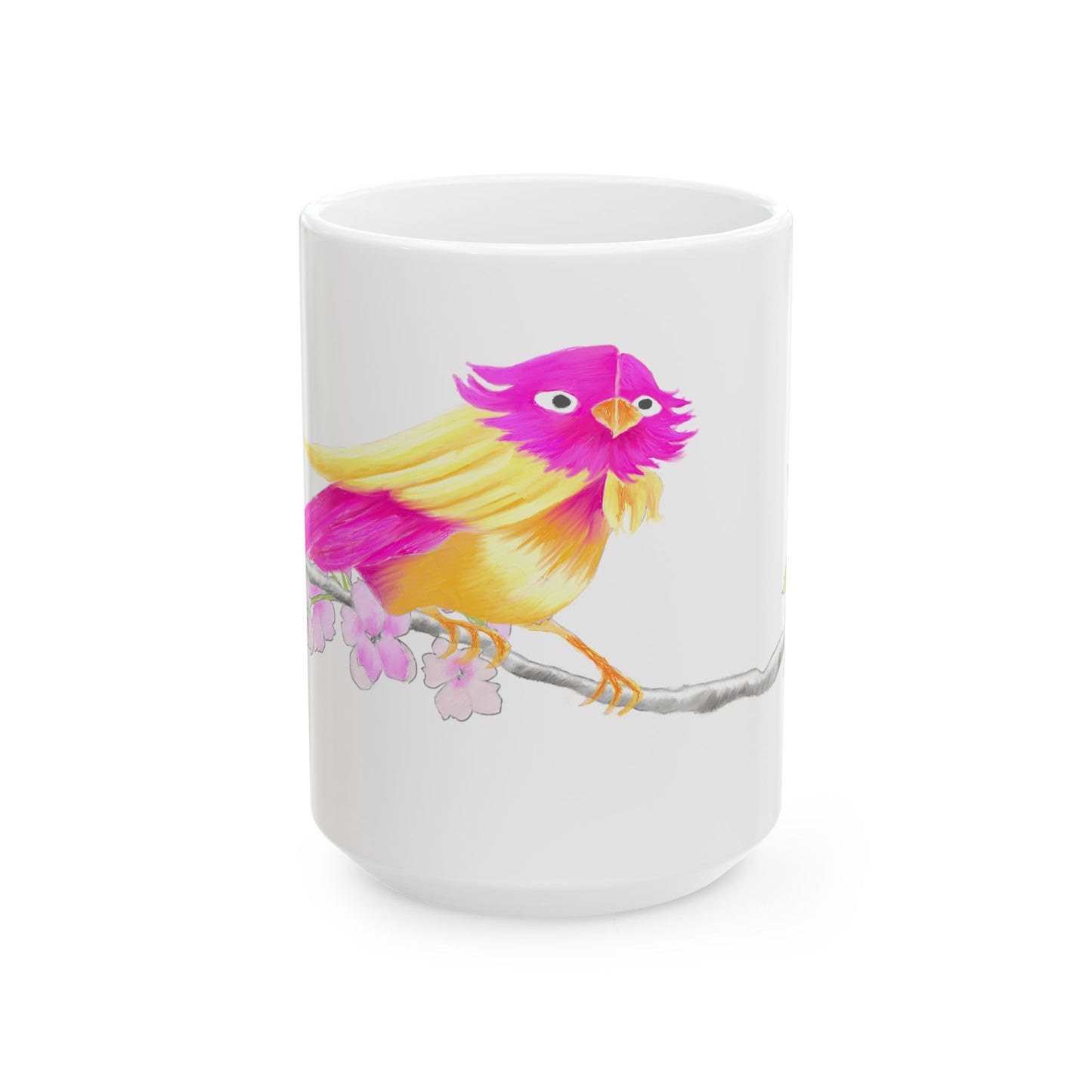 Jolly Birds Ceramic Mug, (11oz, 15oz), fuchsia and Yellow
