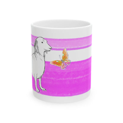 Mega Stripe Dogi Butterfly Flutter Ceramic Mug, (11oz, 15oz),  Purplish Pink Dachshund