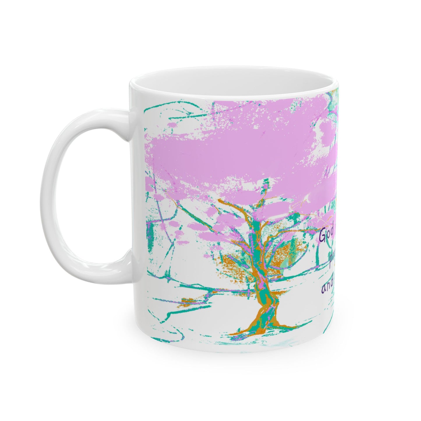 Inspirational Landscapes Ceramic Mug in Blue-Green and Lilac,"God presides, provides, and protects",  11oz