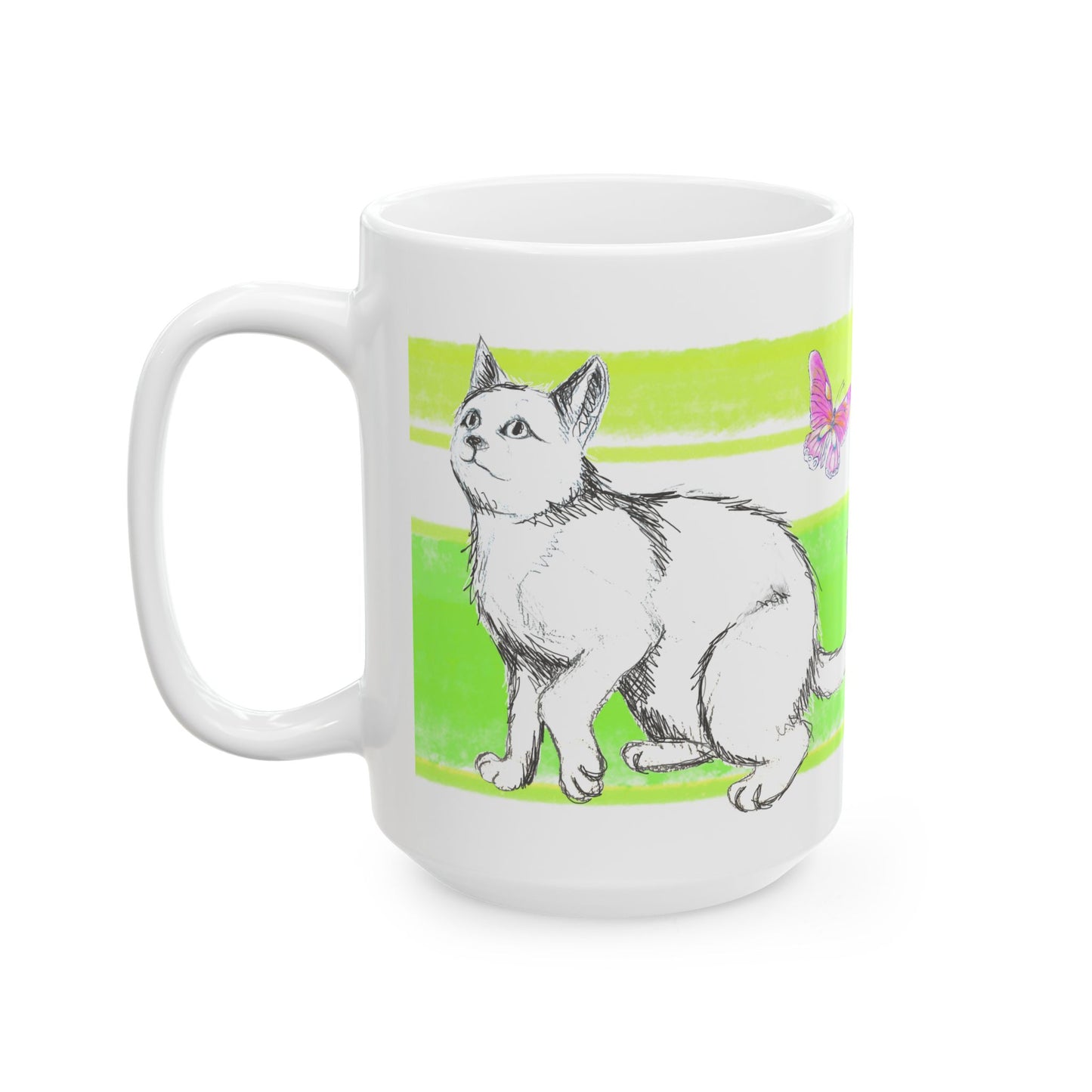 Mega Stripe Kitty Butterfly Flutter Ceramic Mug Yellow Green