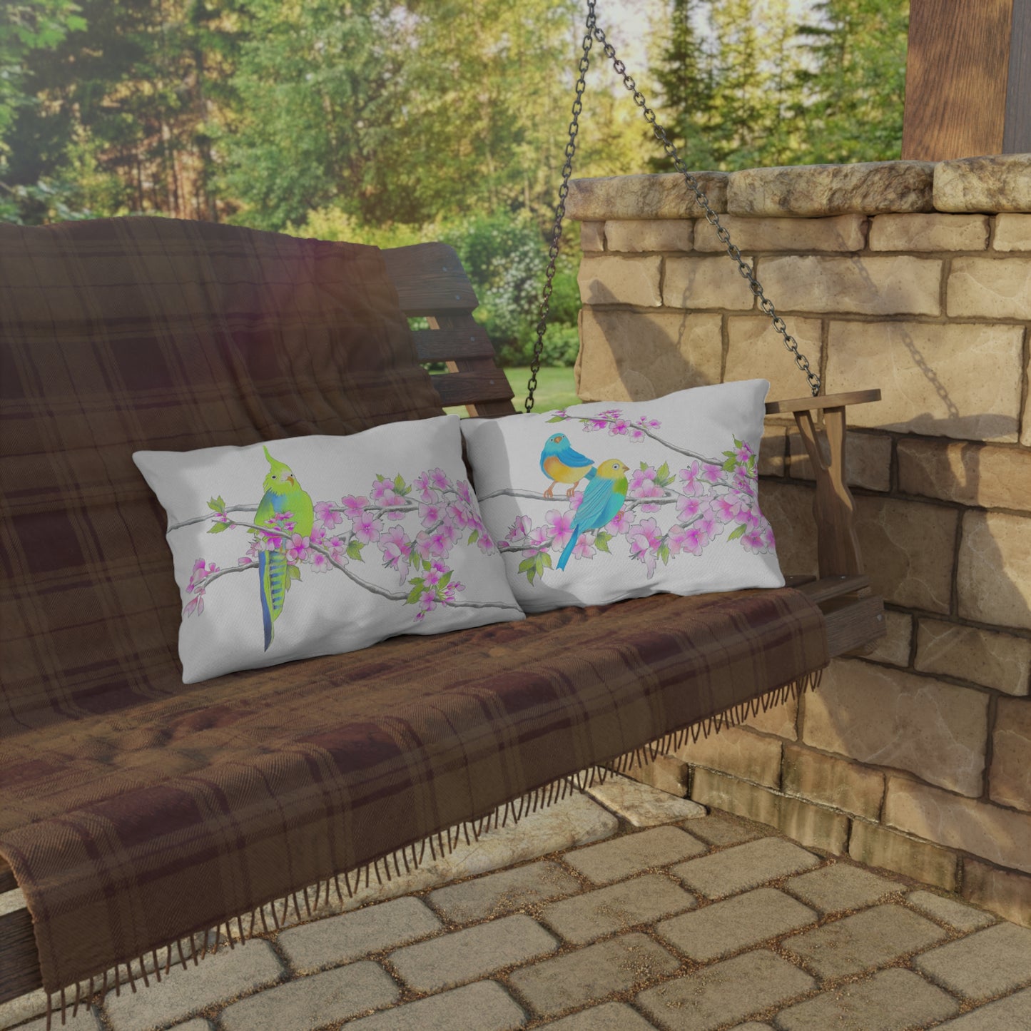 Outdoor Pillows Lumbar Birdies and Cherry Blossoms