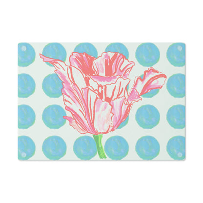Dancing Tulips Cutting Board, Aqua Polka Dots