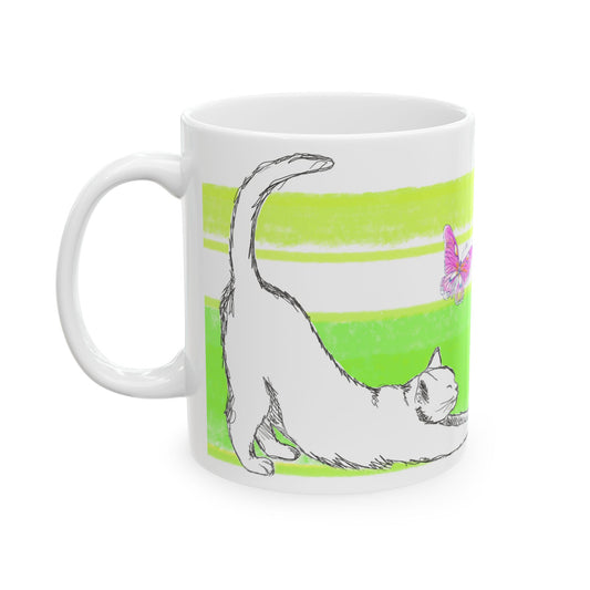 Mega Stripe Kitty Butterfly Flutter Ceramic Mug Yellow Green