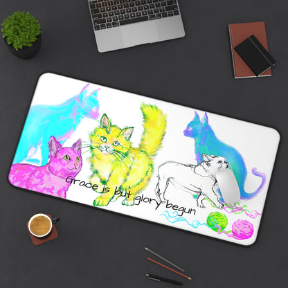 Colorful Cats and Dog Desk Mat "Grace is but glory begun"