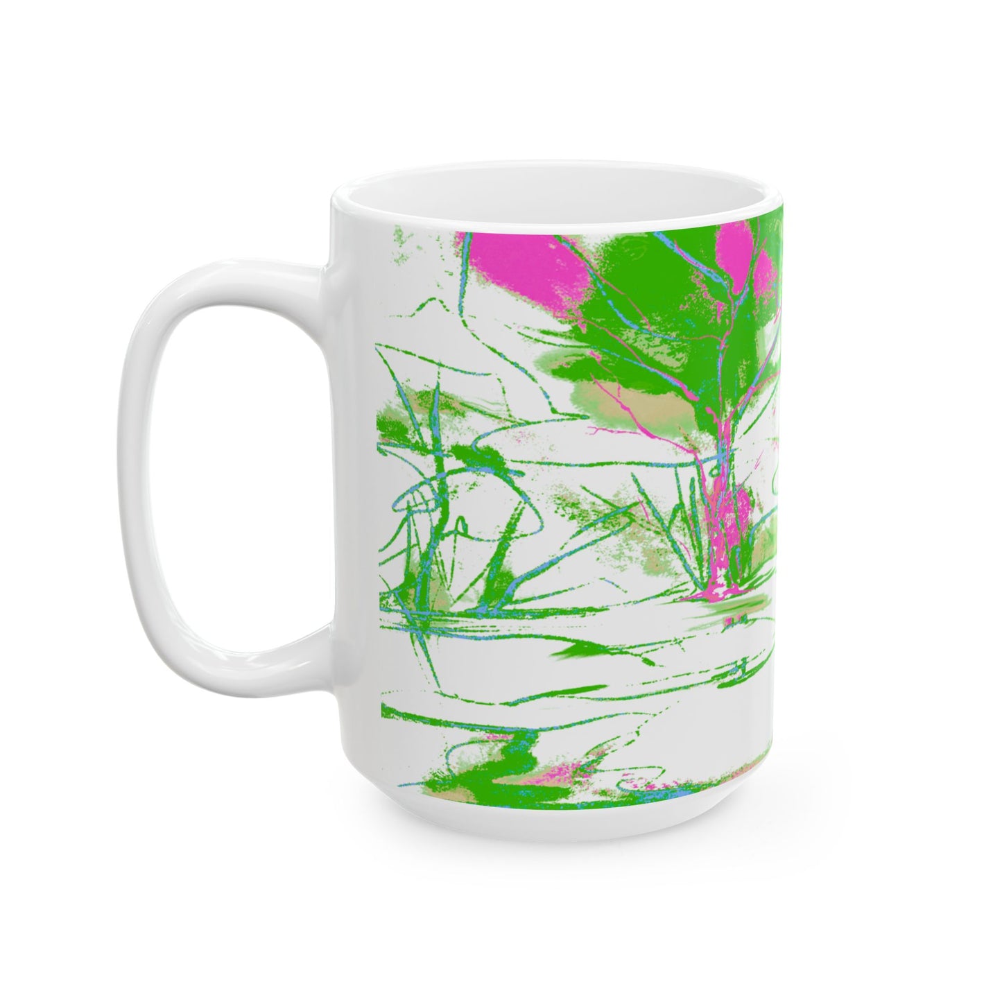 Joyful Landscapes Ceramic Mug in Green and Lavender, 11oz, 15oz.