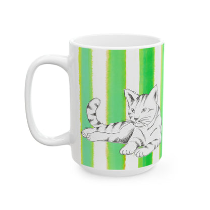 Kitty Fun Mug with Dark Green Stripes