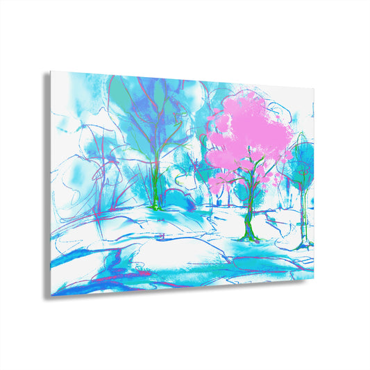 Joyful Landscapes Acrylic Print in Blue and Pink (French Cleat Hanging)