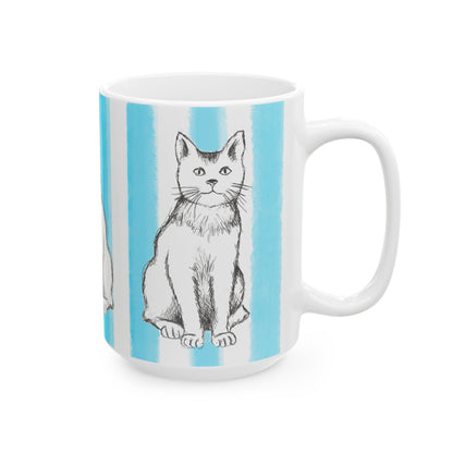 Kitty Fun Mug with Aqua Stripes