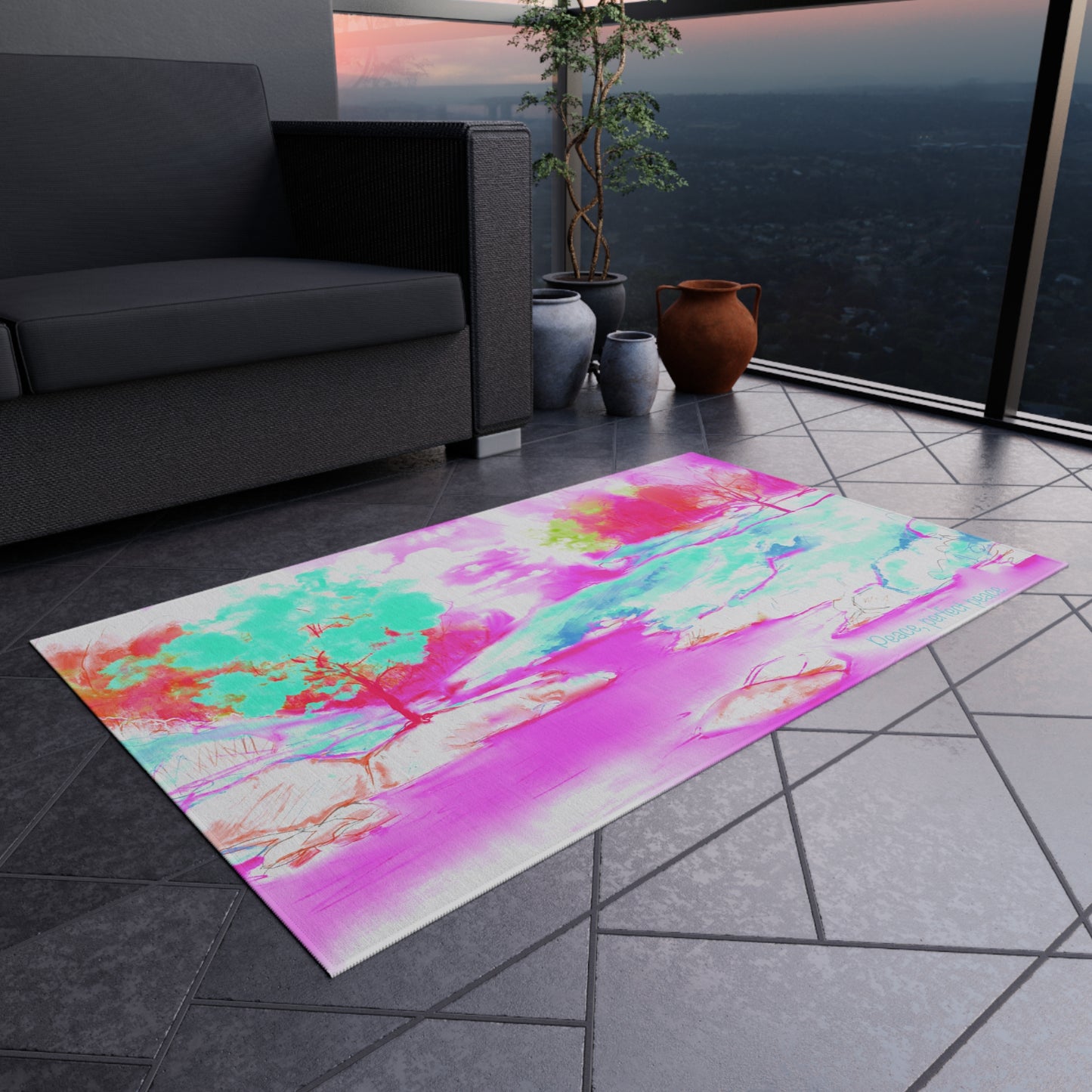 Inspirational Landscapes "Peace perfect peace" Indoor/Outdoor Rug in Raspberry, Aqua, and Pink Non- slip (36" x 24")