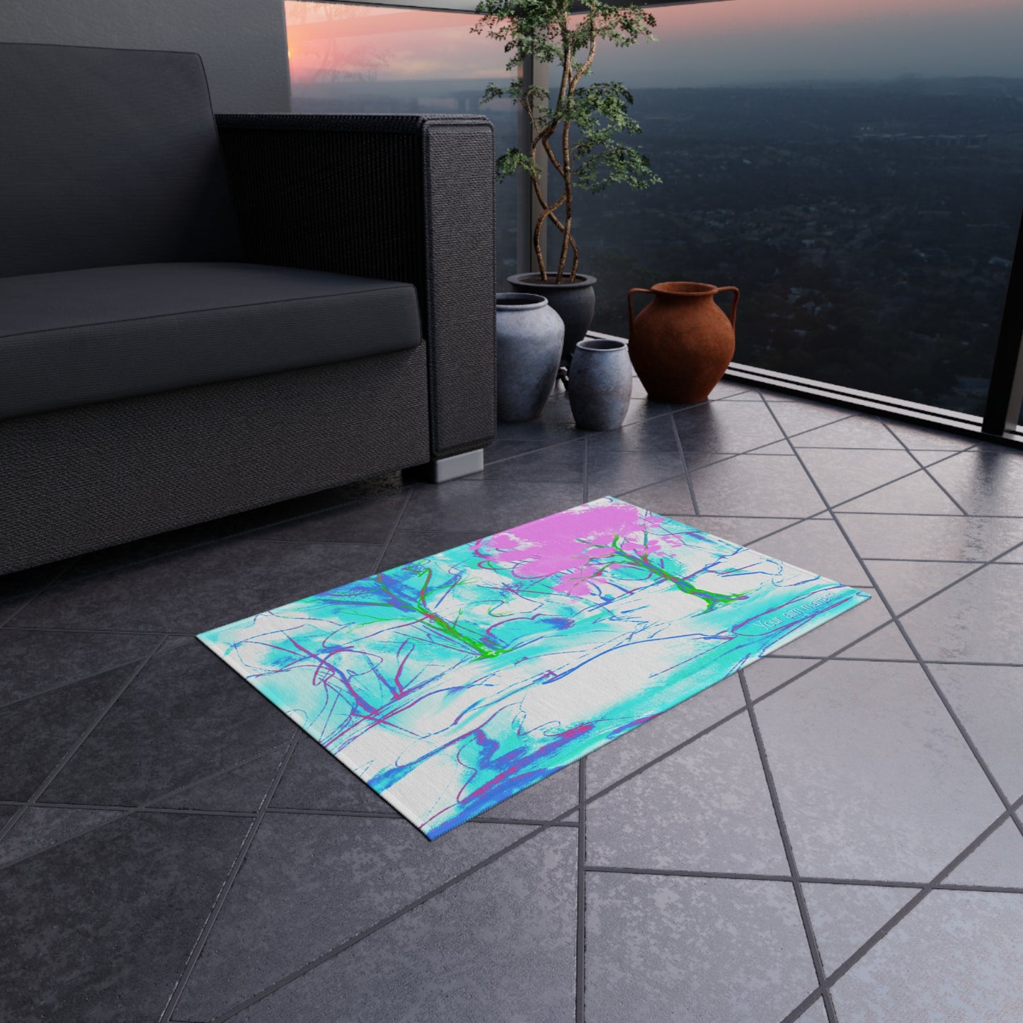 Inspirational Landscapes "Your aim matters" Indoor/Outdoor Area Rug in Blue, Aqua, and Lilac