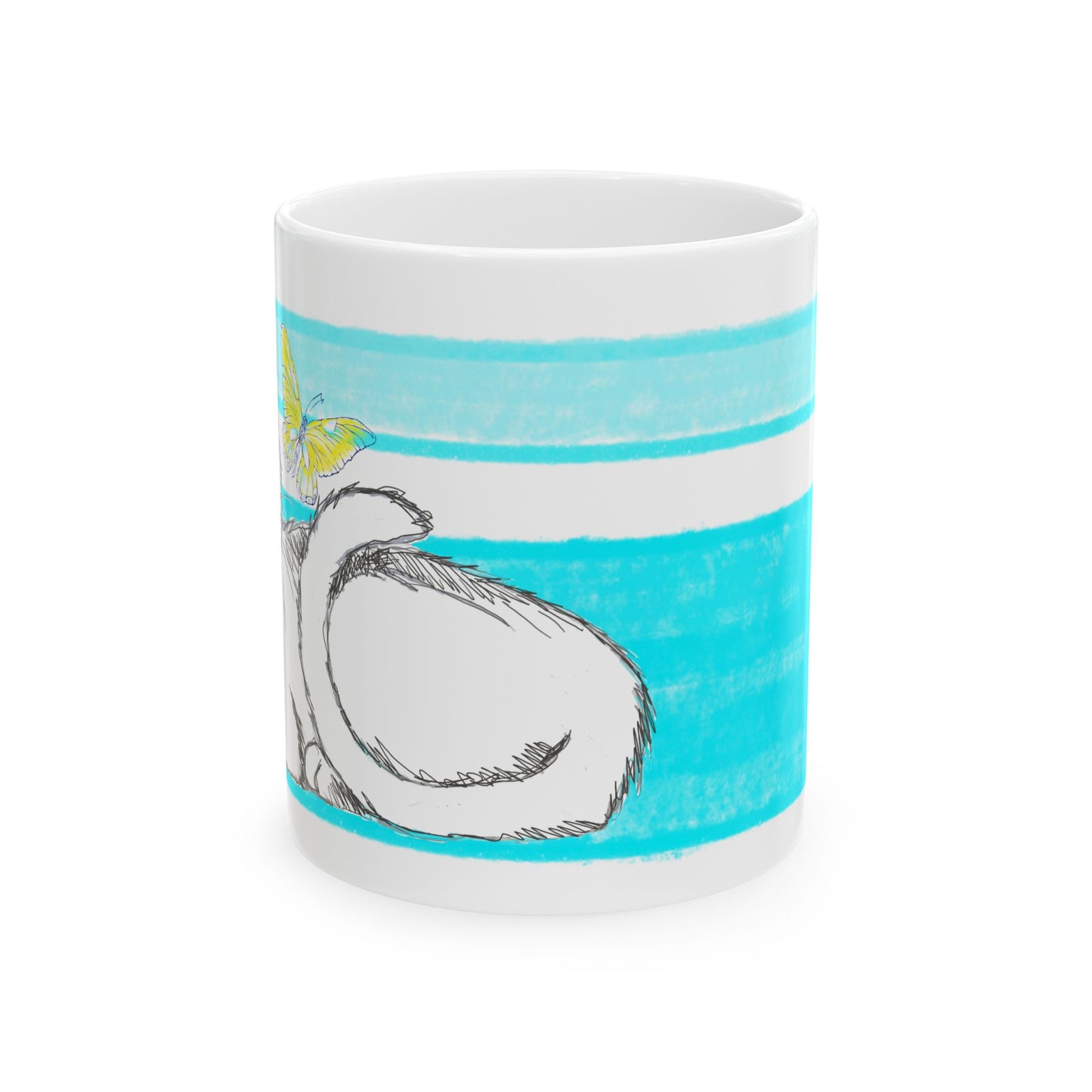 Mega Stripe Kitty Butterfly Flutter Ceramic Mug Aqua