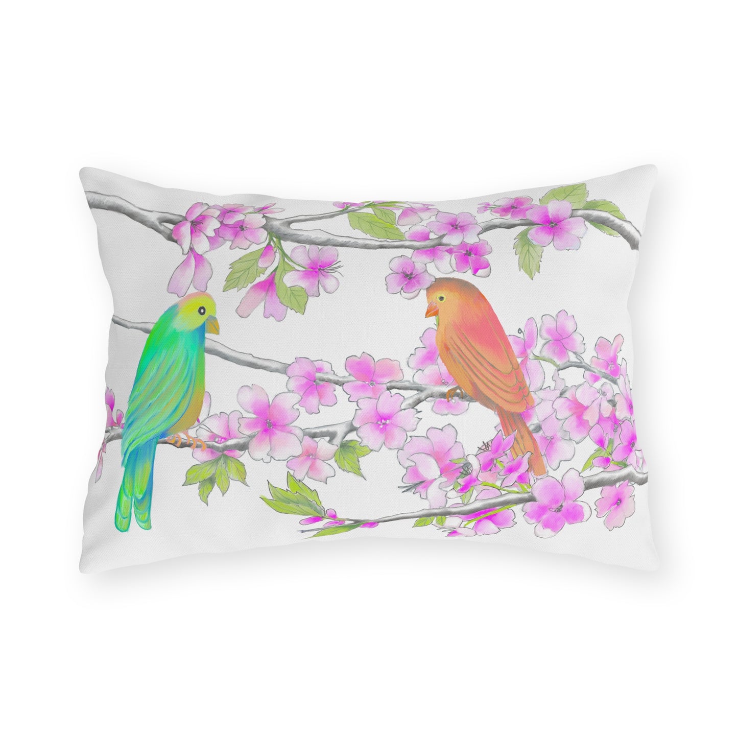 Outdoor Pillows Lumbar Birdies and Cherry Blossoms