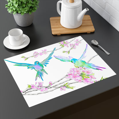 Blossoms & Birds In Aqua Blue Placemat, 1pc (18" × 14"). Cotton. Creamy White Background, #7 Left Side of the Table