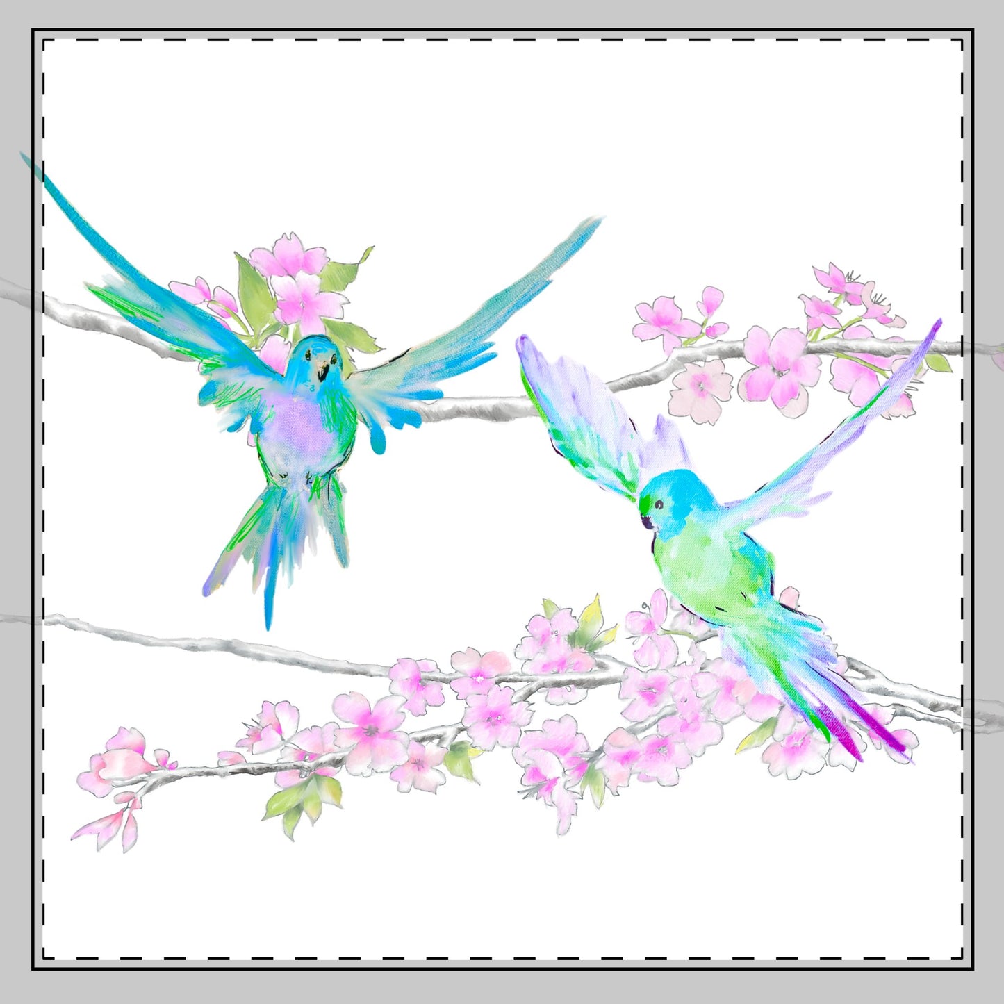 Blossoms & Birds Cotton Twill Napkin Aqua, Background Fabric Creamy White