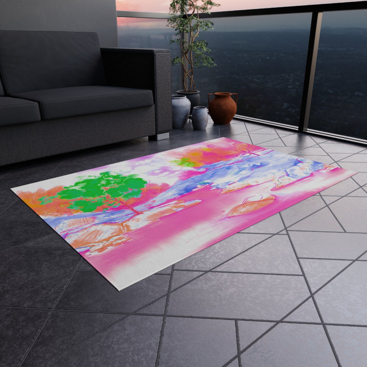 Joyful Landscapes Indoor/Outdoor Rug, Raspberry Pink and Green