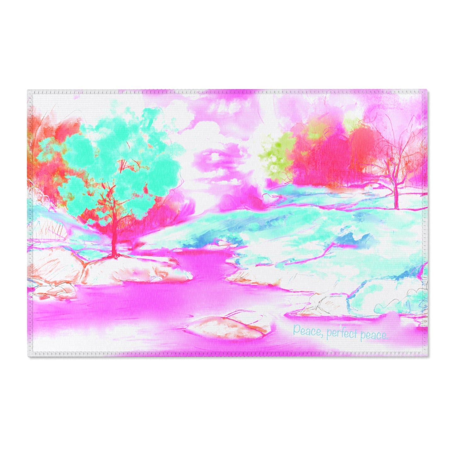 Inspirational Landscapes Indoor Area Rug "Peace perfect peace", Raspberry, Aqua, and Pink
