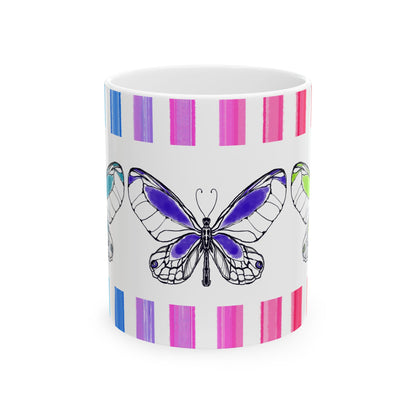 Butterfly Rainbow Stripe Ceramic Mug in Aqua, Purple and Green with Multi-color Striped Border, (Available in 2 sizes 11oz and 15oz)