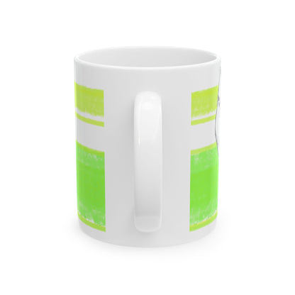 Mega Stripe Kitty Butterfly Flutter Ceramic Mug Yellow Green